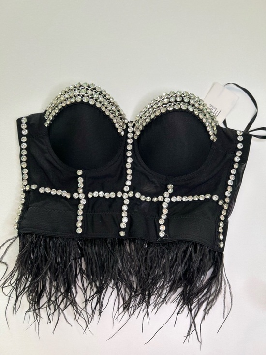 Mulla Tops - Crystal-Embellished Black Feather Crop Top